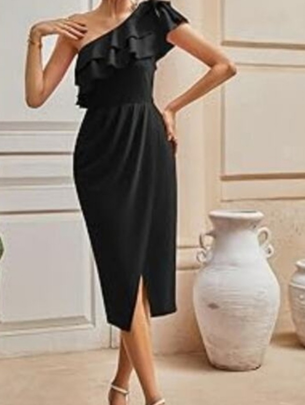 Grace Karin NWT One-Shoulder Black Ruffle Midi Dress Sz S - Picture 9 of 11